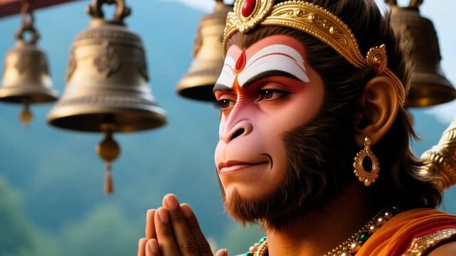 Close Up Face Portrait of Lord Hanuman Chanting in Devotion with Temple Bells Background Isolated in Slow Motion 4K Hindu Strength and Faith Concept