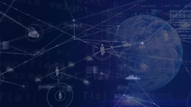 Animation of computer icons connected with lines, globe, trading board and programming codes