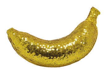 Whimsical surreal fruit with glittery yellow sequin peel, conceptual cut out element.