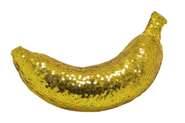 Whimsical surreal fruit with glittery yellow sequin peel, conceptual cut out element.