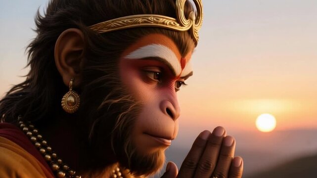 Cinematic Close Up Face of Lord Hanuman in Humble Devotion with Sunrise Horizon Background Isolated in Slow Motion 4K Hindu Religious Mythology Video