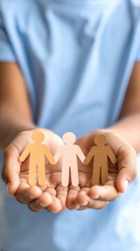 Close-up shot of hands holding a group of diverse paper cutouts representing unity, diversity, community, and collaboration promoting equality and inclusion.