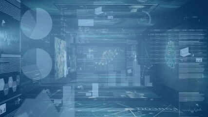 Animation of statistics and data processing over shelves in shop - Powered by Adobe