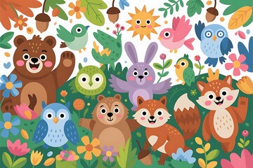 Fototapeta premium Whimsical forest scene with various cartoon animals and flowers