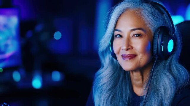 Cyber Elder: A mature woman, radiating calm, finds joy in her gaming activity, wearing headphones and looking with a serene expression into the camera against a cool backdrop.