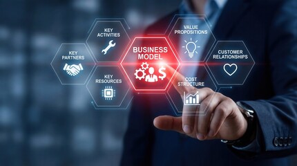 A sharp business professional in a dark suit interacts with a brilliant glowing holographic business model diagram detailing strategic components on a dark digital backgr