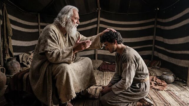 Elderly Biblical Patriarch Isaac Sitting on Bed Blessing Kneeling Son Jacob inside Tent Depicting Passing of Birthright in Old Testament Religious History