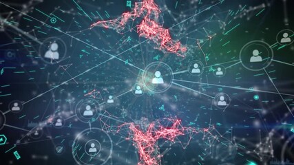 Animation of qr code and network of connections with icons over data processing on black background - Powered by Adobe