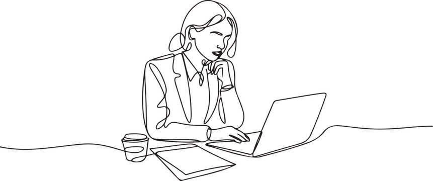 One single line drawing of young pensive female employee works overtime to finish writing company draft business proposal. Business agreement concept. one line Icon drawing