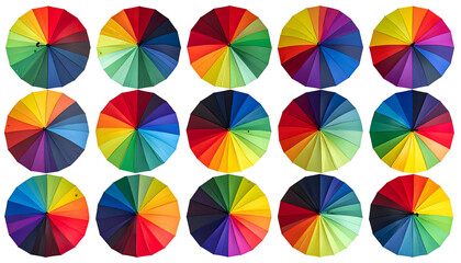 Fifteen vibrant umbrellas arranged in a grid, showcasing a kaleidoscope of rainbow colors