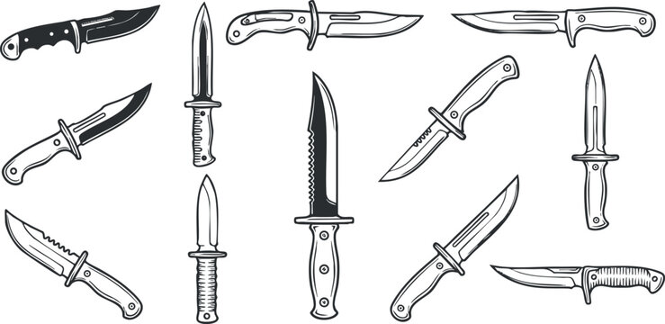 Collection of various knife vector illustrations showcasing different designs and styles for culinary and outdoor use