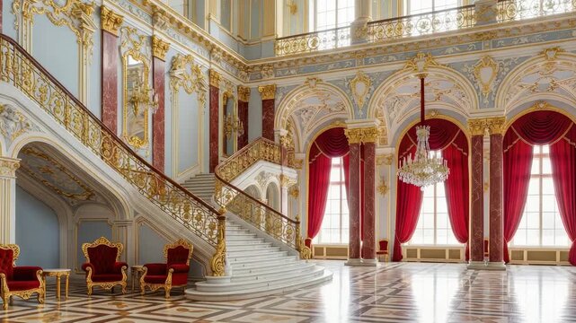 Elegant Architectural Grandeur: A stately interior showcases a grand staircase, ornate details, and a chandelier, exuding luxury and timeless elegance. 