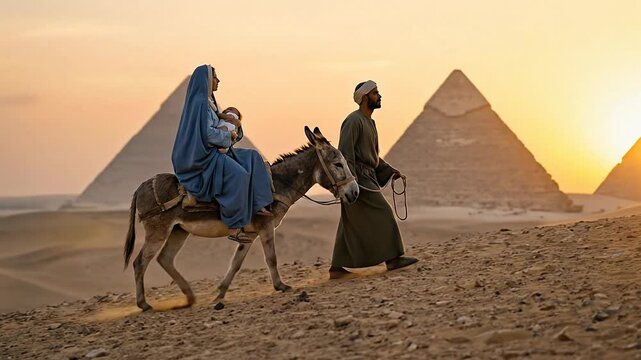 Biblical Holy Family Virgin Mary with Baby Jesus Riding Donkey Escaping to Egypt near Pyramids at Sunset Depicting Flight into Egypt Story