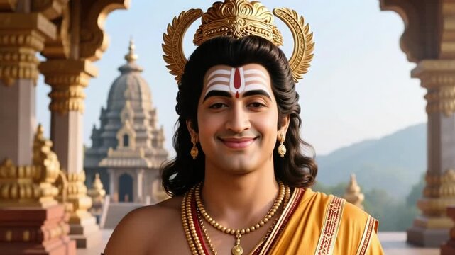 Cinematic Close Up Face of Lord Ram with Peaceful Smile and Morning Temple Background Isolated in Slow Motion 4K Hindu Divine Clarity Video Footage