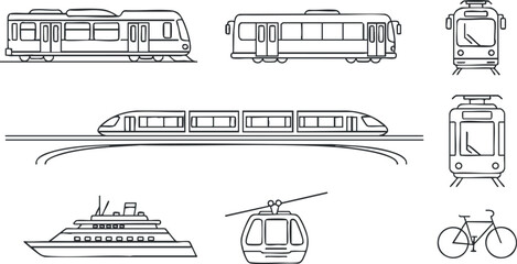 Outline vector illustration set of various transportation modes including trains, trams, boats, helicopters, and bicycles for urban mobility design