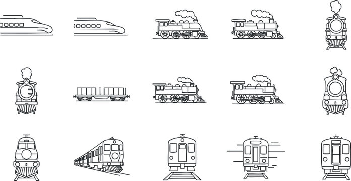 Collection of outline vector illustrations featuring various train designs, including modern, vintage, and high-speed locomotives for transportation projects