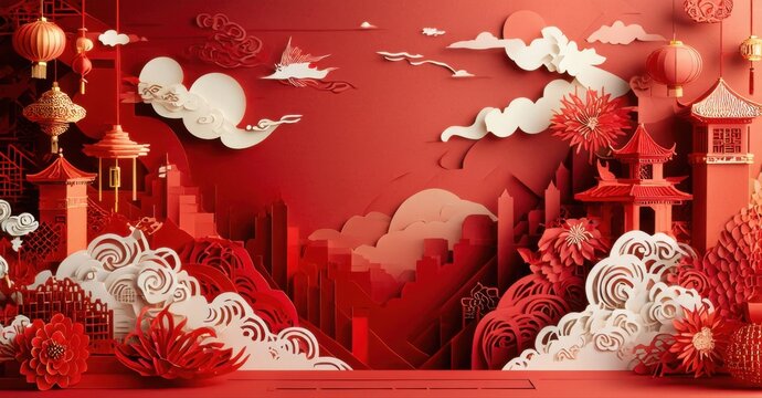 Red papercut scene depicts traditional Chinese landscape. Pagodas, clouds, birds, flowers create festive atmosphere. Detailed, layered design.