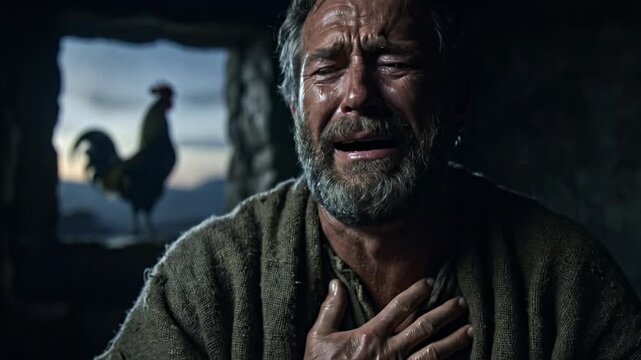 Bearded Biblical Apostle Peter Crying in Regret and Sorrow after Denying Jesus with Rooster Crowing in Background Depicting New Testament Passion History Scene