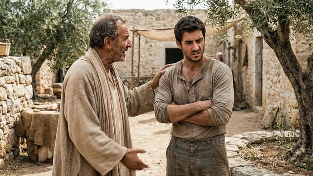 Biblical Father Speaking to Resentful Elder Son Standing with Crossed Arms near Stone Wall Depicting The Parable of the Prodigal Son in New Testament Religious History Scene