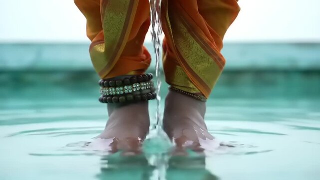 Graceful feet adorned in traditional Indian attire and anklets gently interacting with clear water, evoking spiritual reflection and cultural elegance
