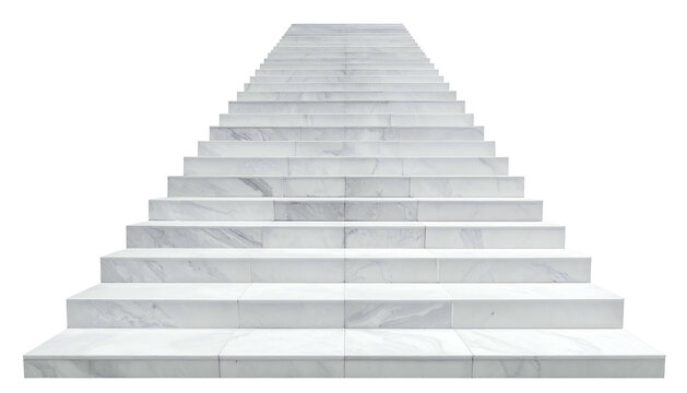 An upward view of white marble stairs against a stark black background, perspective