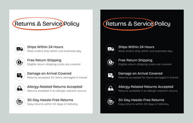 Returns, refunds, and shipping policy infographic with customer service icons in a clean black and white vector layout. Suitable for e commerce, retail, and service platforms.