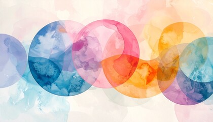 An abstract composition of overlapping translucent pastel circles in pink, orange, blue, and purple, blending softly with watercolor-like textures on a light background, evoking harmony and fluidity.