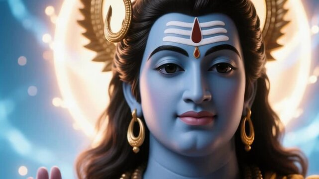 Close Up Face of Lord Vishnu Showing Tranquil Divinity with Ether Glow Background Isolated in Slow Motion 4K Hindu Supreme Balance and Mythology