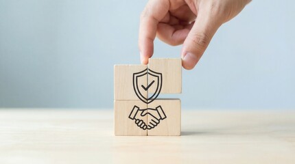 Human hand assembling wooden blocks with shield and checkmark above handshake symbol illustrating secure agreements trust and reliable partnerships on bright wood