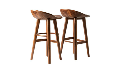 Two modern, wooden bar stools with curved seats stand against a black background