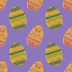 Cute hand drawn Easter seamless pattern with painted easter eggs. Festive vector background.