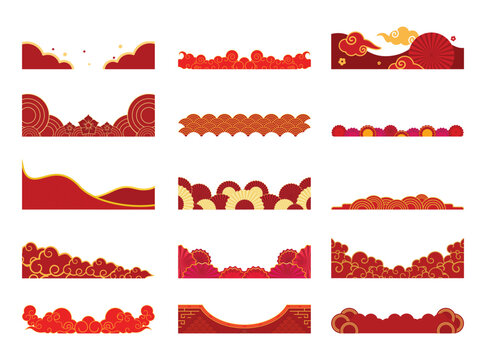 Traditional oriental red border set. Vector cloud and wave bottom frame elements for Chinese New Year flyer decoration