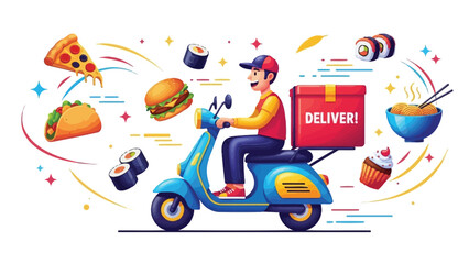 Cheerful food delivery man speeding on a blue scooter carrying various meals to customers