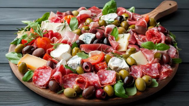 Artisan Platter of Culinary Delights: An exquisite wooden board overflows with a vibrant array of culinary treasures, including savory cured meats, creamy cheeses, plump olives, and fresh herbs.
