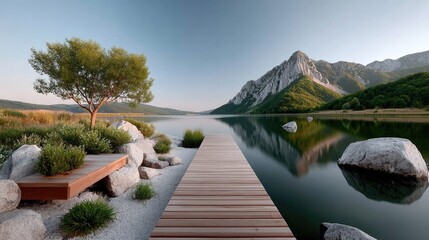 Pier into Serenity: A tranquil lake scene where a wooden pier extends invitingly towards a majestic mountain range under a clear blue sky. Reflecting serenity and the beauty of nature.