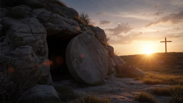 Resurrection of Jesus Christ with stone rolling away from the tomb at sunrise. Empty cave entrance with glowing light and a wooden cross on the hill. Easter religious concept