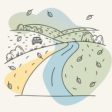 Autumn Leaf-Covered Road with Pickup Truck