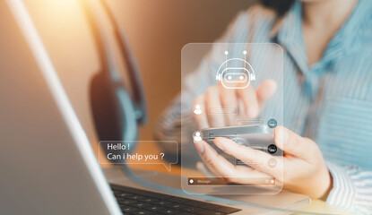 AI CRM support concept with chatbot interface on smartphone. Businesswoman using virtual assistant for customer service. Ideal for AI technology, automation, and digital customer relationship themes
