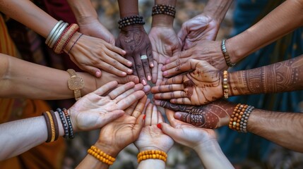 World Interfaith Harmony Week: Diverse hands of different skin tones joining together in a circle, each wearing symbolic religious items - Christian cross bracelet, Islamic prayer beads