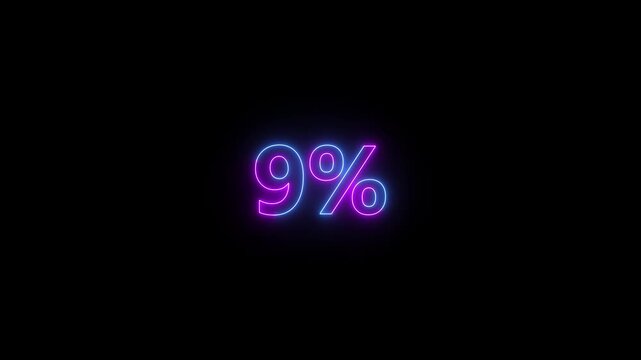 Abstract glowing neon 9% text looped animation on black background. Pink and blue colorful neon percent sign number with alpha channel.