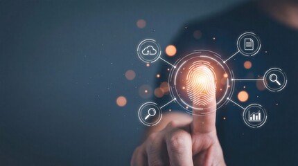 Human finger touches glowing biometric fingerprint scanner on dark digital interface with cloud data document and search icons representing secure modern technology