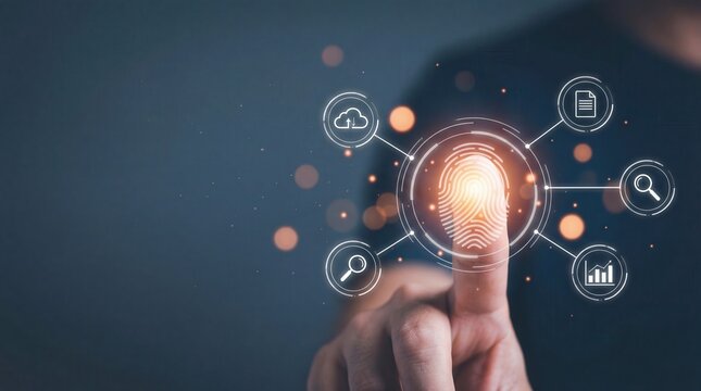 Human finger touches glowing biometric fingerprint scanner on dark digital interface with cloud data document and search icons representing secure modern technology - Powered by Adobe