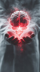 A human brain red color is floating over the scienctist  hands and red light effect , futuristic science mood.