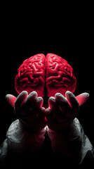 A human brain red color is floating over the hand , black background , epic science image.