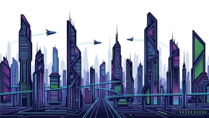 Neon glowing futuristic cityscape features towering skyscrapers and flying vehicles navigating elevated roadways