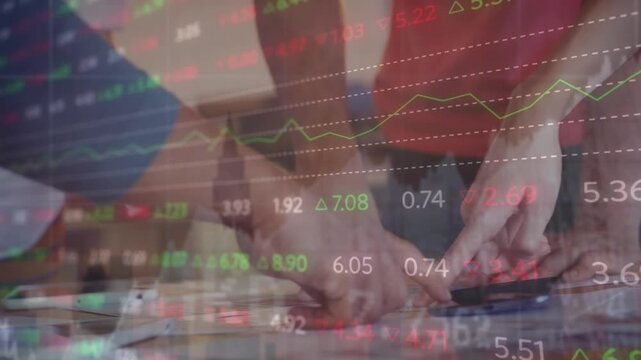 Animation of stock market data processing over mid section of colleagues discussing over a plan