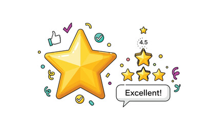 Golden star rating system showing excellent customer feedback and high satisfaction scores