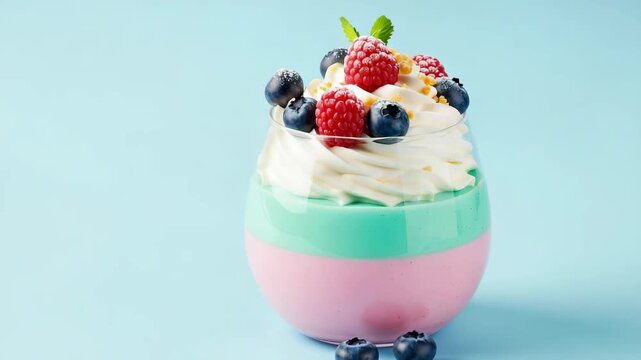 Whimsical Dessert Delight: An artistic dessert creation in a glass, with vibrant layers of flavors, a fluffy cloud of whipped cream, and a cascade of fresh berries. A sweet treat