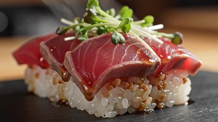 Freshly prepared seared tuna nigiri sushi with delicate microgreens artfully arranged on a dark serving platter showcasing exquisite Japanese culinary craftsmanship and gourmet dining experience.