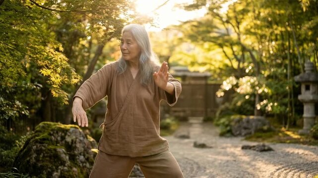 Elder woman tai chi garden morning light with tranquil movement and mindfulness elderly woman tai chi practice serene garden, peaceful movement
